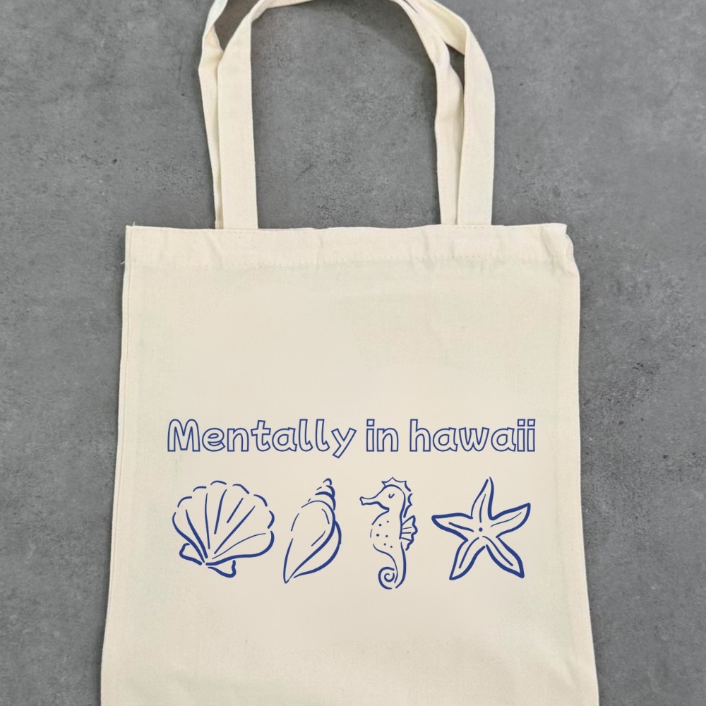 Seashell Cream Tote with Blue Print
